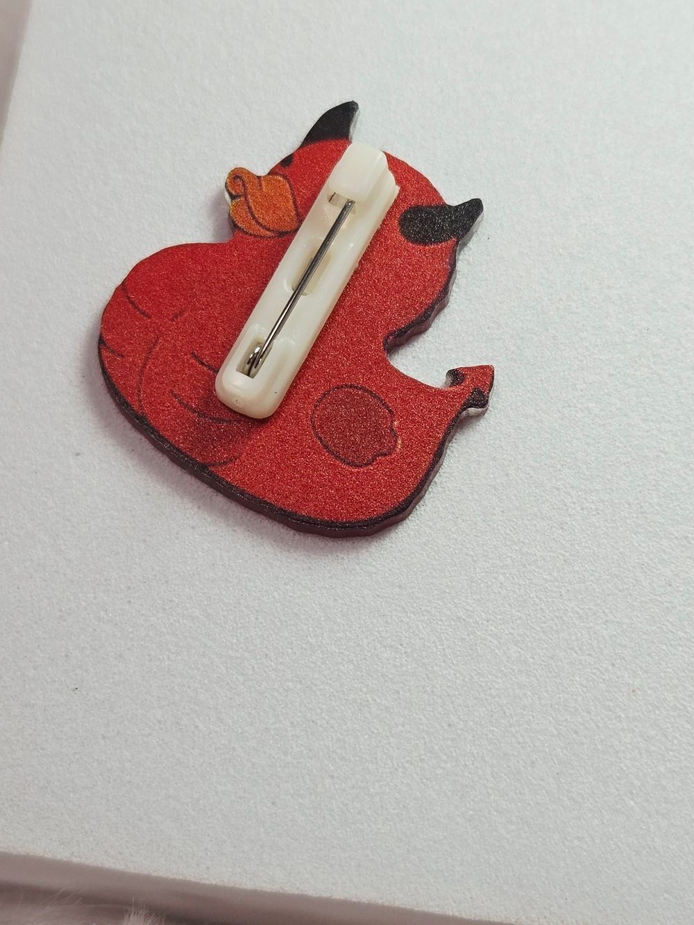 DevilβDuck Lapel Pin Red Rubber Duck Acrylic Creepy Cute Dark Humor Monster Chic - Picture 2 of 2